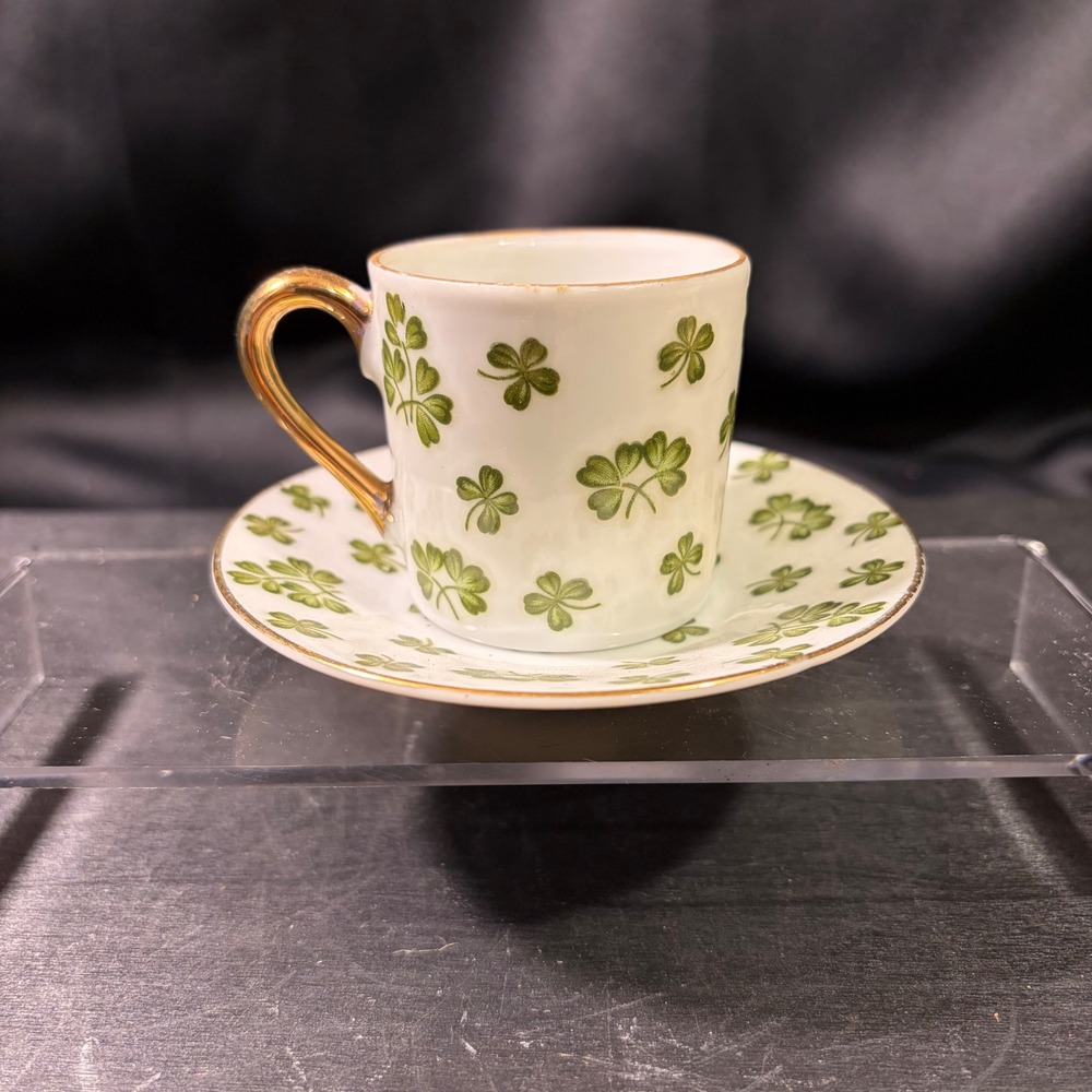 Inarco E-890 Vintage Shamrock Demitasse Cup and Saucer Set Gold Trim Green White